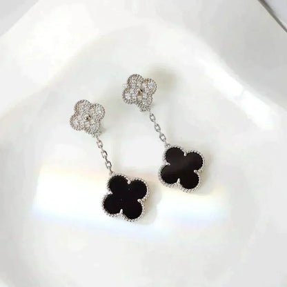 [Leaves]CLOVER 2 MOTIFS  DIAMOND ONYX EARRINGS SILVER