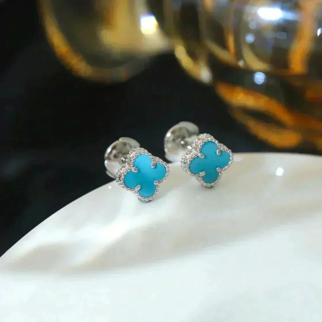 [Leaves]CLOVER MINI 9.5MM ONYX STUD EARRINGS SILVER