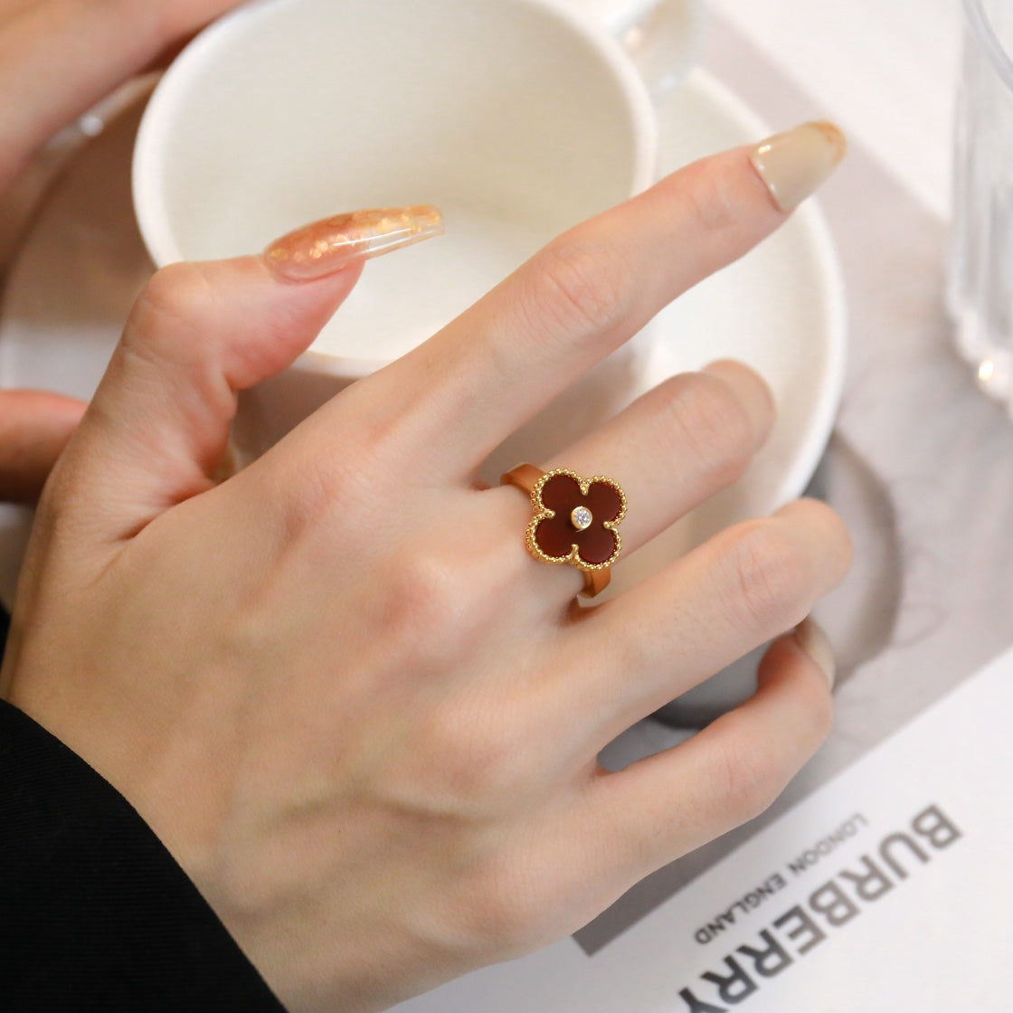 [Leaves]CLOVER CARNELIAN RING ROSE GOLD DIAMOND