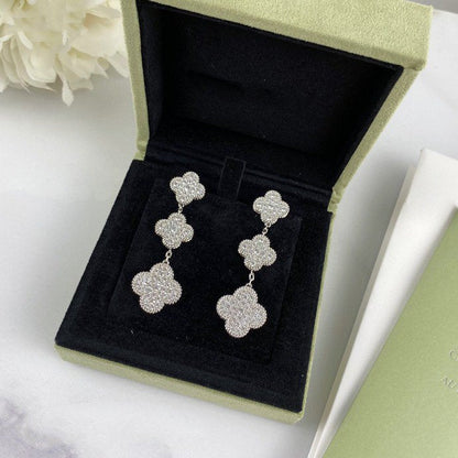 [Leaves]CLOVER 3 MOTIF DIAMOND SILVER DROP EARRINGS