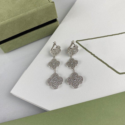 [Leaves]CLOVER 3 MOTIF DIAMOND SILVER DROP EARRINGS