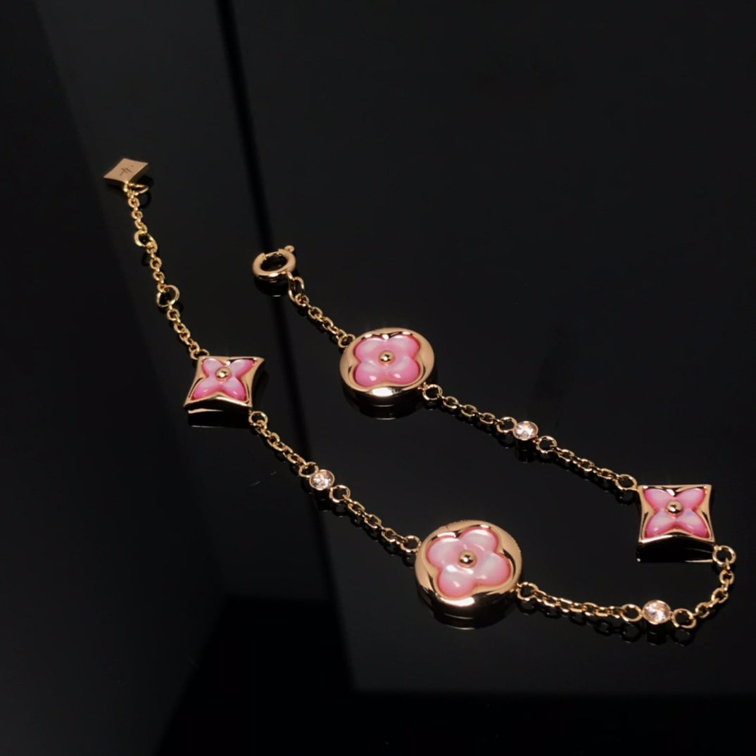 [Leaves]STAR AND SUN 4 MOTIF PINK MOP ROSE GOLD BRACELET