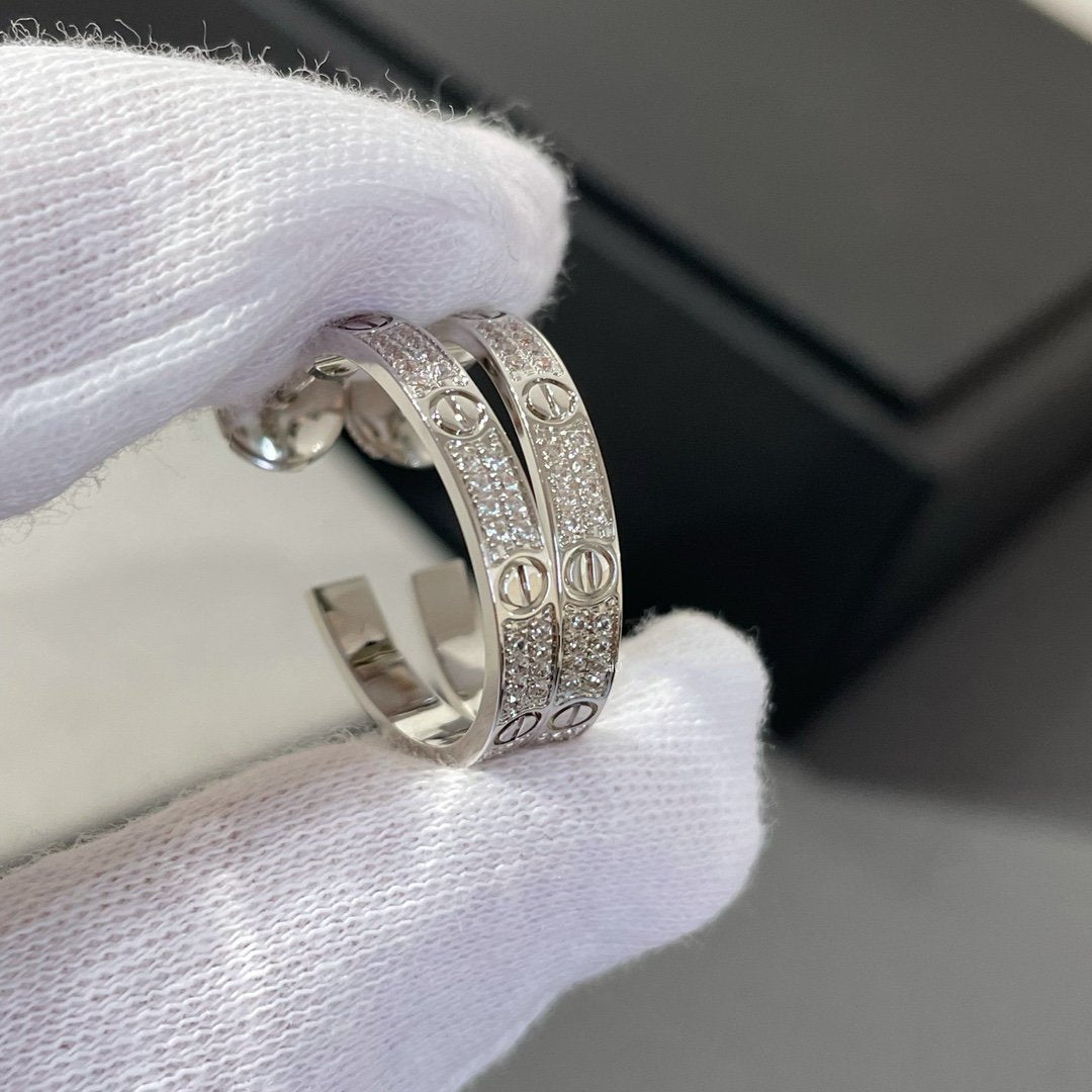 [Leaves]LOVE DIAMOND SILVER HOOP EARRINGS