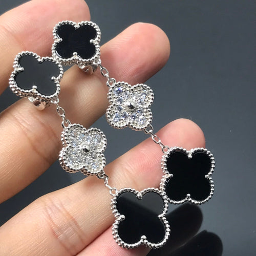 [Leaves]CLOVER 3 MOTIF DIAMOND ONYX SILVER EARRINGS