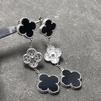 [Leaves]CLOVER 3 MOTIF DIAMOND ONYX SILVER EARRINGS