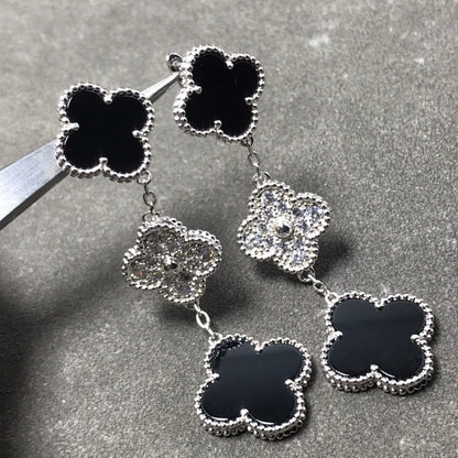 [Leaves]CLOVER 3 MOTIF DIAMOND ONYX SILVER EARRINGS