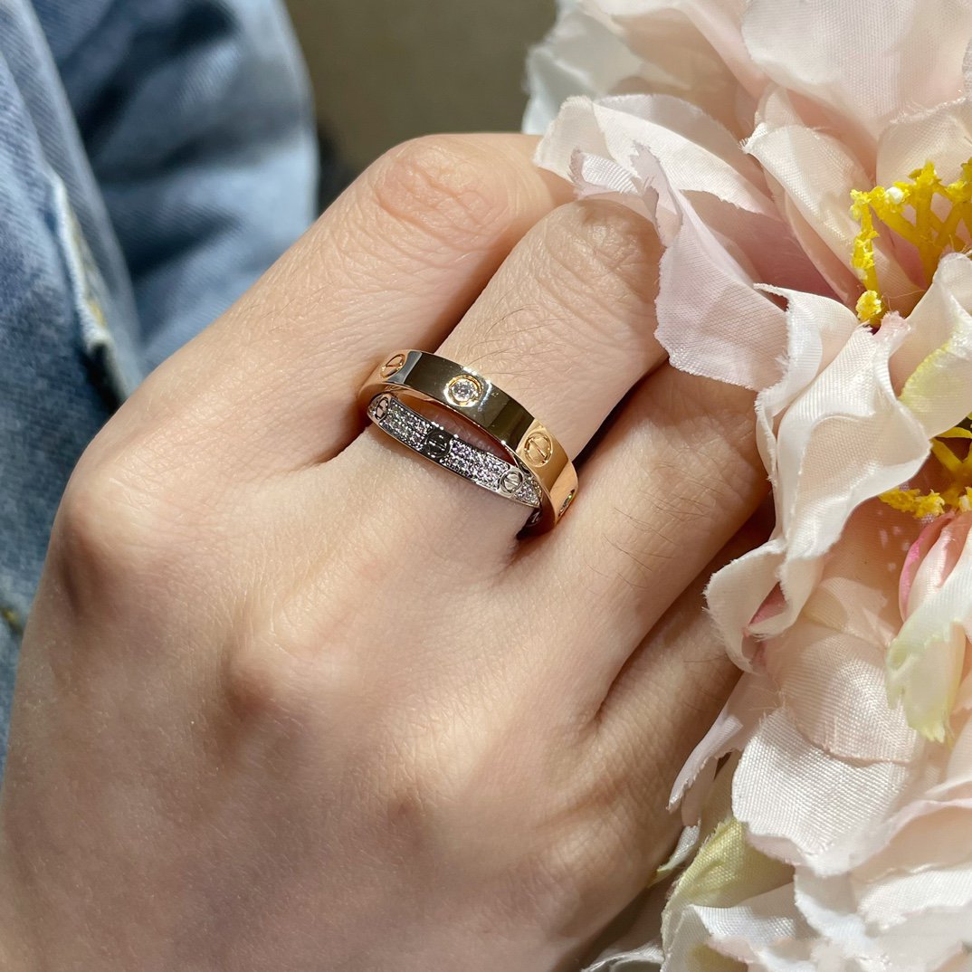 [Leaves]LOVE PINK GOLD SILVER DIAMOND DOUBLE RING