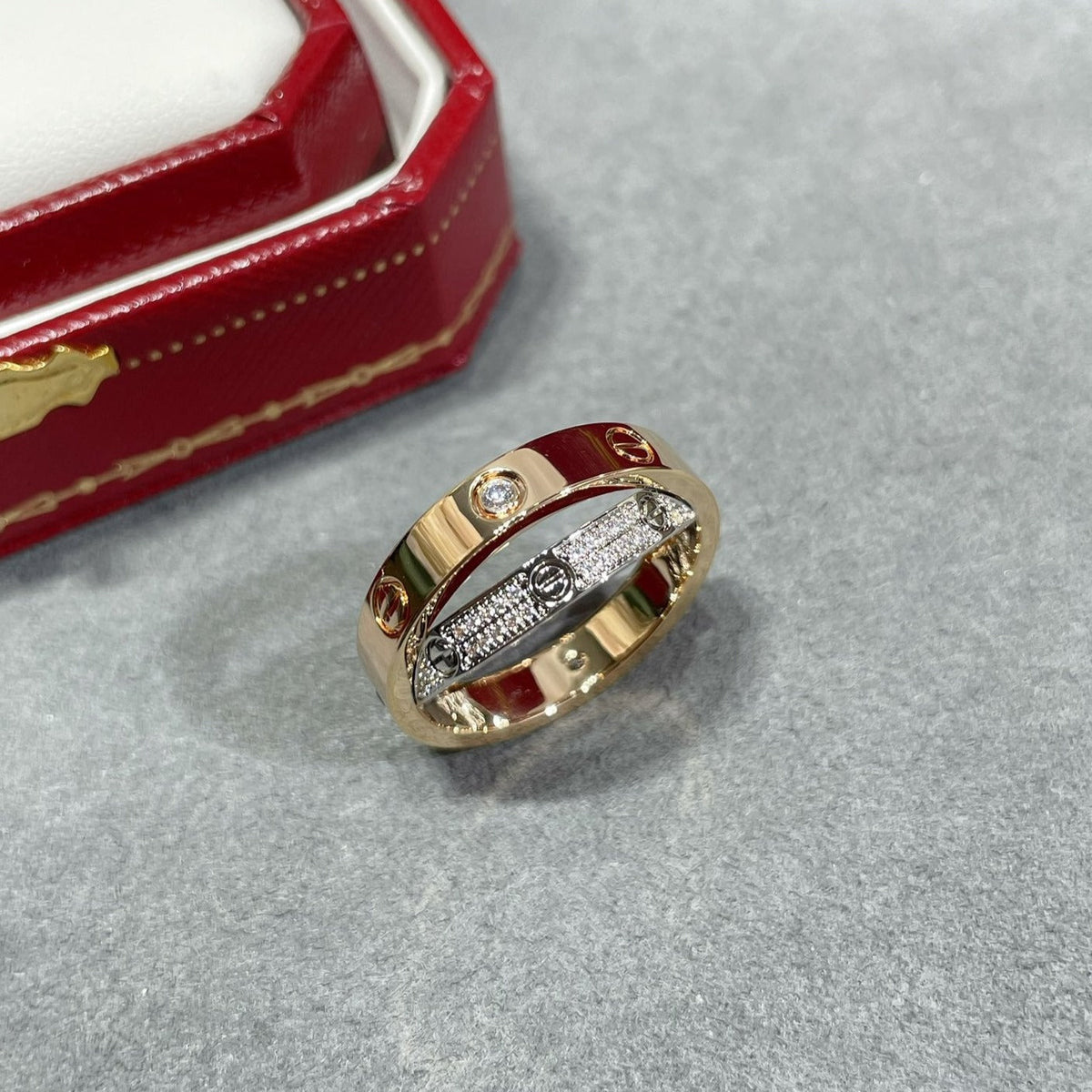 [Leaves]LOVE PINK GOLD SILVER DIAMOND DOUBLE RING