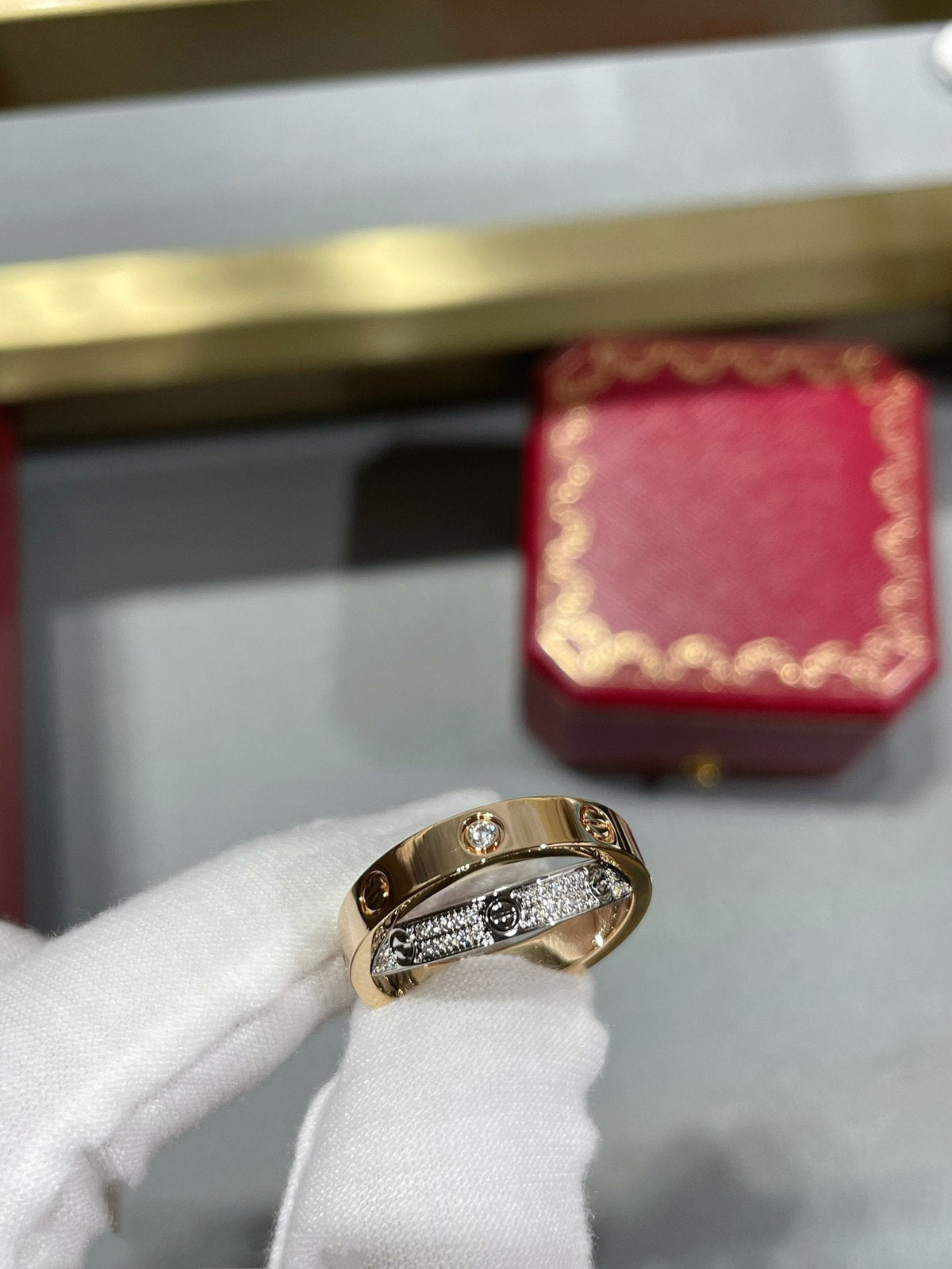 [Leaves]LOVE PINK GOLD SILVER DIAMOND DOUBLE RING