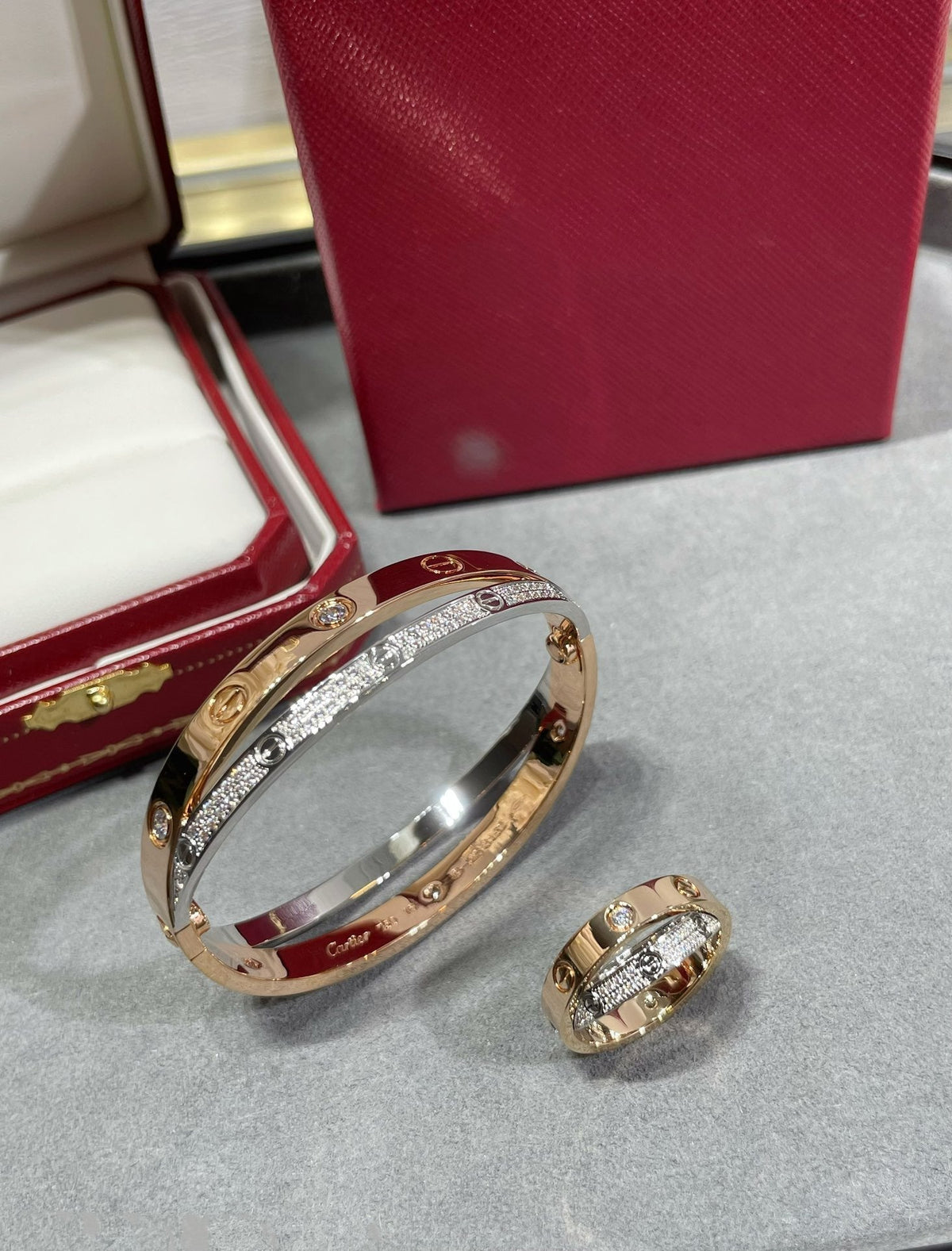 [Leaves]LOVE PINK GOLD SILVER DIAMOND DOUBLE RING