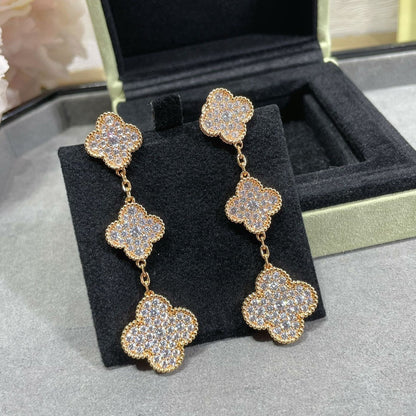 [Leaves]CLOVER 3 MOTIFS DIAMOND PAVED ROSE GOLD EARRINGS