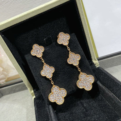 [Leaves]CLOVER 3 MOTIFS DIAMOND PAVED ROSE GOLD EARRINGS