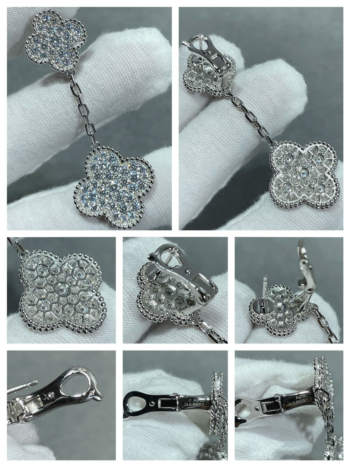 [Leaves]CLOVER 2 MOTIFS DIAMOND PAVED SILVER EARRINGS