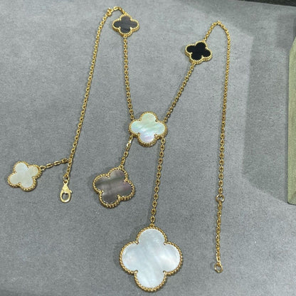 [Leaves]CLOVER 6 MOTIF MOP ONYX GOLD NECKLACE