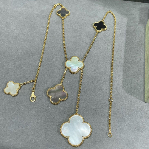 [Leaves]CLOVER 6 MOTIF MOP ONYX GOLD NECKLACE