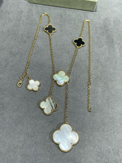 [Leaves]CLOVER 6 MOTIF MOP ONYX GOLD NECKLACE