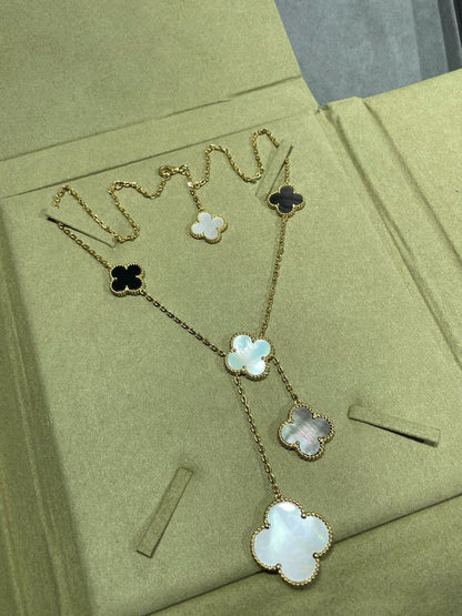 [Leaves]CLOVER 6 MOTIF MOP ONYX GOLD NECKLACE