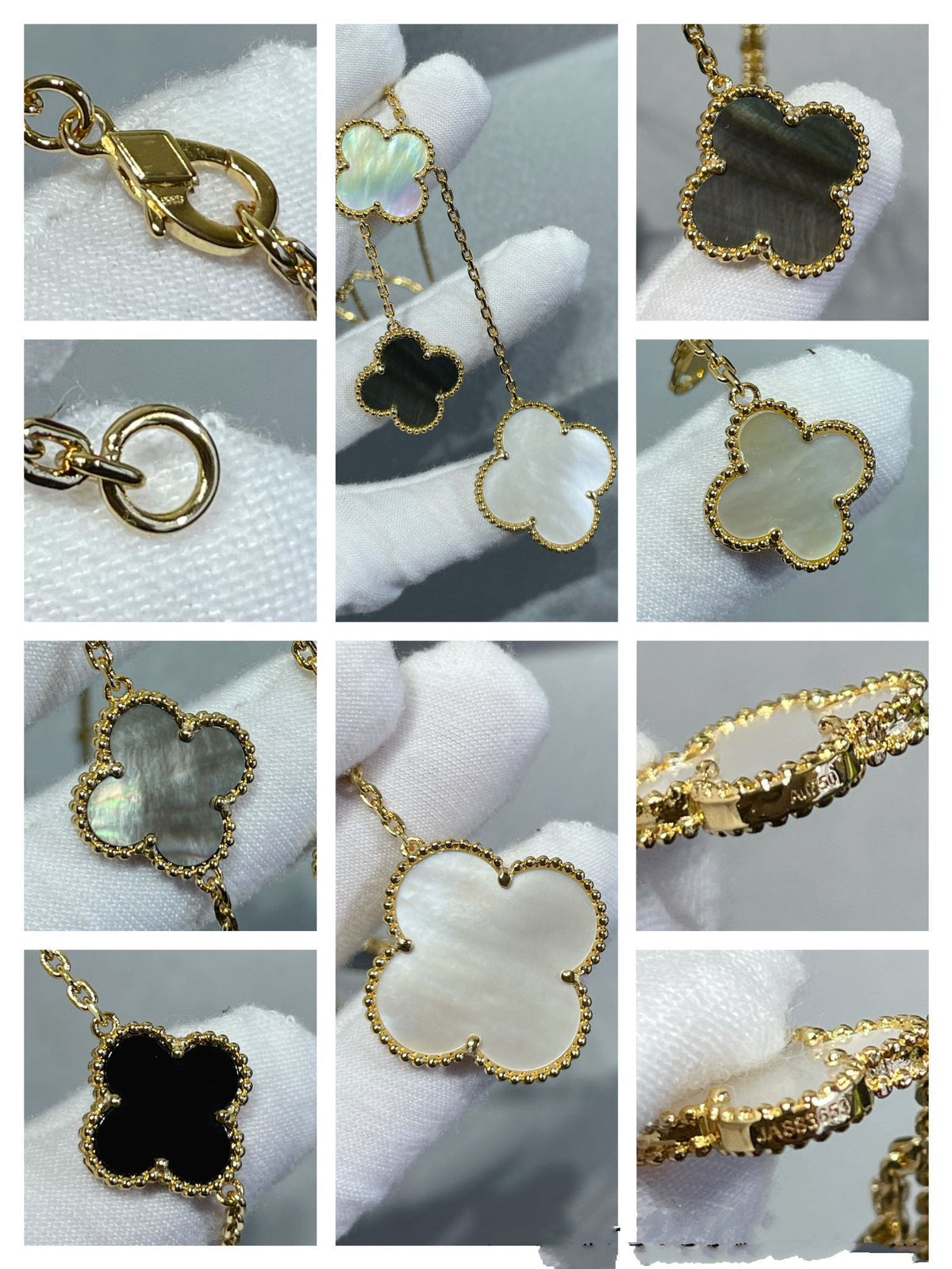 [Leaves]CLOVER 6 MOTIF MOP ONYX GOLD NECKLACE