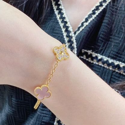 [Leaves]CLOVER 5 MOTIF DIAMOND PINK MOP PINK GOLD BRACELET