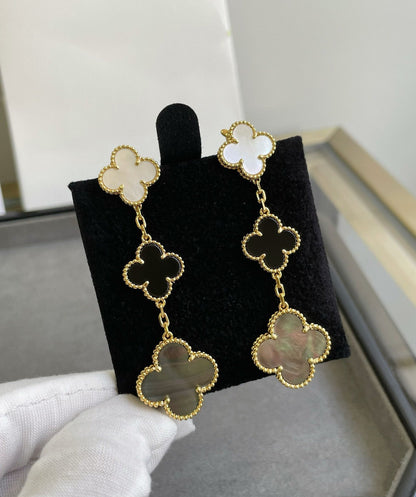 [Leaves]CLOVER 3 MOTIF MOP ONYX DARK MOP PINK GOLD EARRINGS