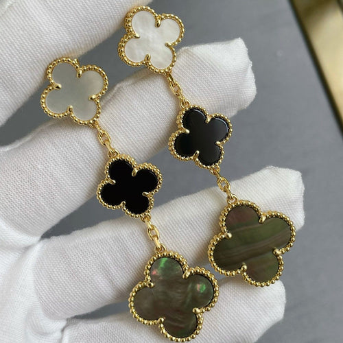 [Leaves]CLOVER 3 MOTIF MOP ONYX DARK MOP PINK GOLD EARRINGS