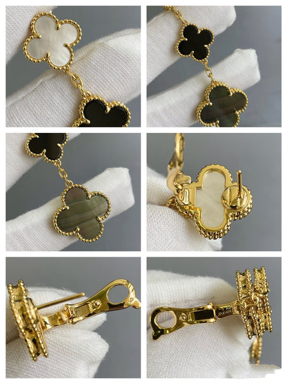 [Leaves]CLOVER 3 MOTIF MOP ONYX DARK MOP PINK GOLD EARRINGS