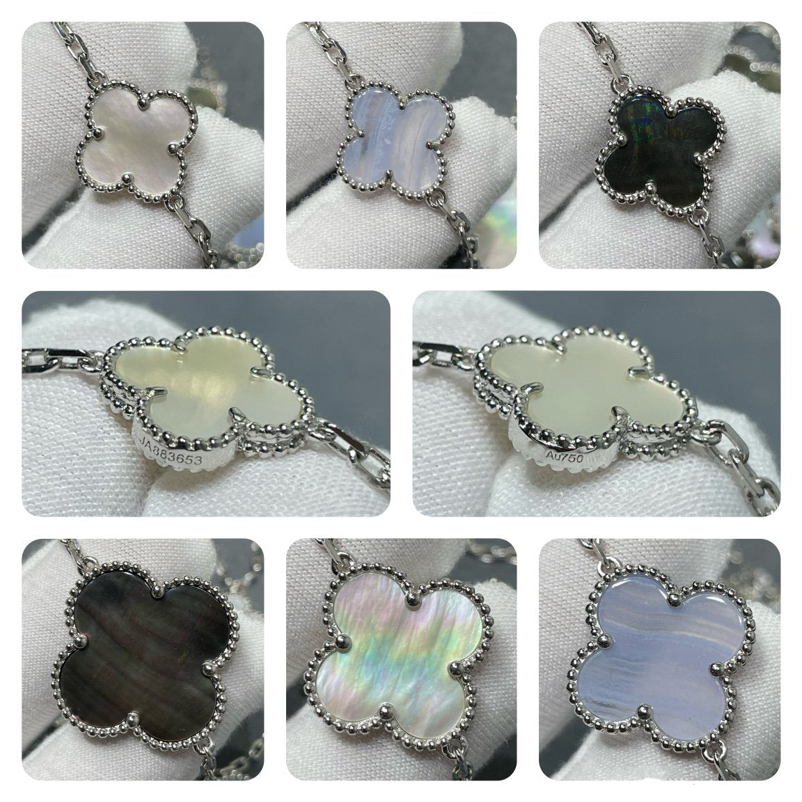 [Leaves]CLOVER 16 MOTIF CHALCEDONY MOP SILVER NECKLACE