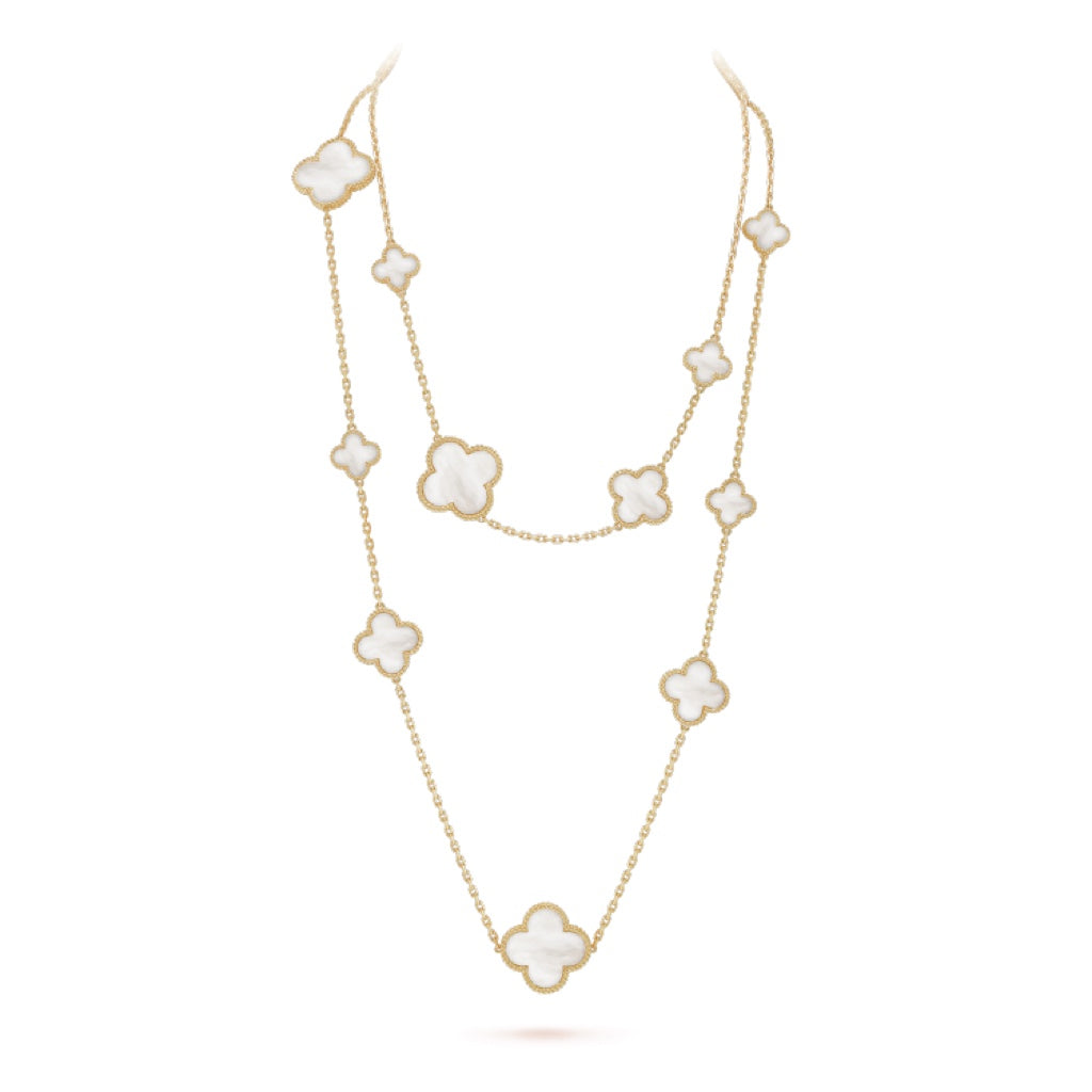 [Leaves]CLOVER 16 MOTIF WHITE MOP GOLD NECKLACE