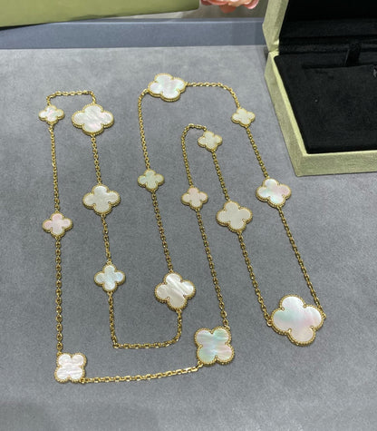 [Leaves]CLOVER 16 MOTIF WHITE MOP GOLD NECKLACE