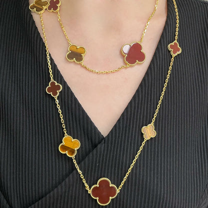 [Leaves]CLOVER 16 MOTIF CARNELIAN TIGER EYE ROSE GOLD NECKLACE