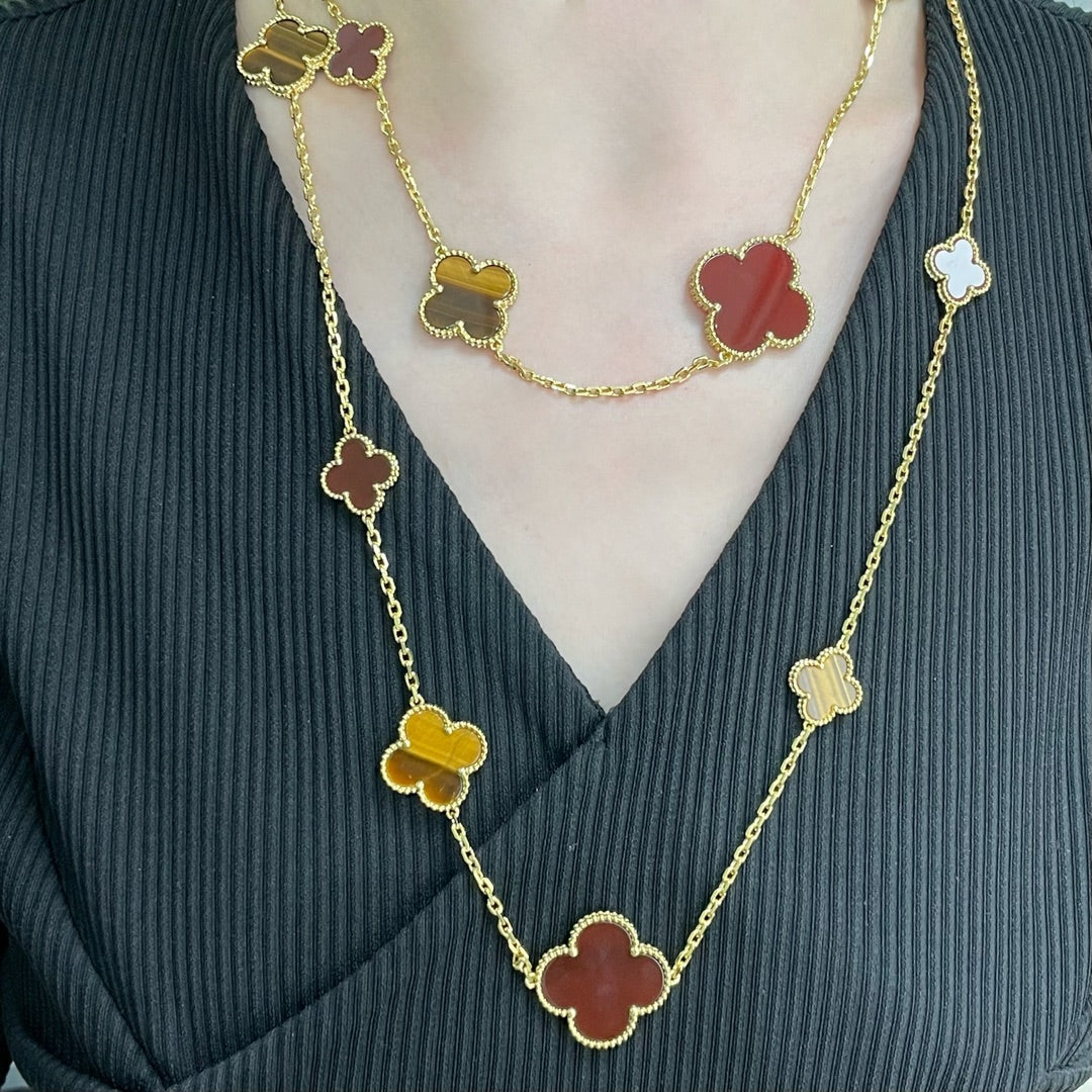 [Leaves]CLOVER 16 MOTIF CARNELIAN TIGER EYE ROSE GOLD NECKLACE
