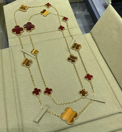 [Leaves]CLOVER 16 MOTIF CARNELIAN TIGER EYE ROSE GOLD NECKLACE
