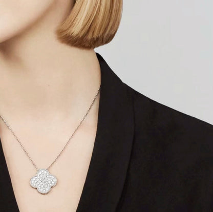 [Leaves]CLOVER 25MM LARGE PENDANT DIAMOND PAVED SILVER NECKLACE