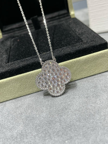 [Leaves]CLOVER 25MM LARGE PENDANT DIAMOND PAVED SILVER NECKLACE