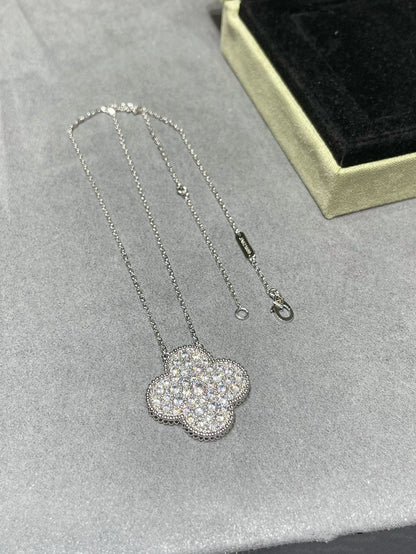 [Leaves]CLOVER 25MM LARGE PENDANT DIAMOND PAVED SILVER NECKLACE