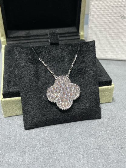 [Leaves]CLOVER 25MM LARGE PENDANT DIAMOND PAVED SILVER NECKLACE