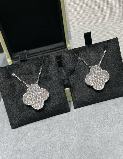 [Leaves]CLOVER 25MM LARGE PENDANT DIAMOND PAVED SILVER NECKLACE