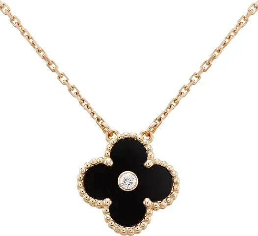 [Leaves]CLOVER 15MM DIAMOND ONYX NECKLACE