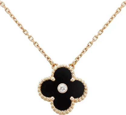 [Leaves]CLOVER 15MM DIAMOND ONYX NECKLACE