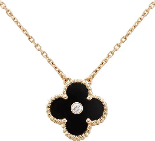 [Leaves]CLOVER 15MM DIAMOND ONYX NECKLACE