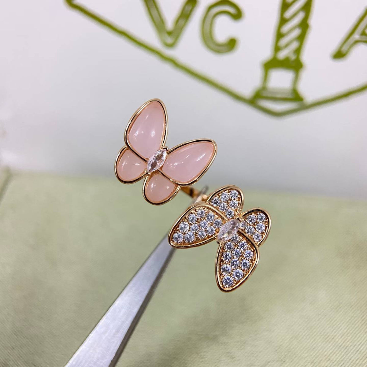 [Leaves]TWIN BUTTERFLY NEW DIAMOND & PINK BUTTERFLY RING