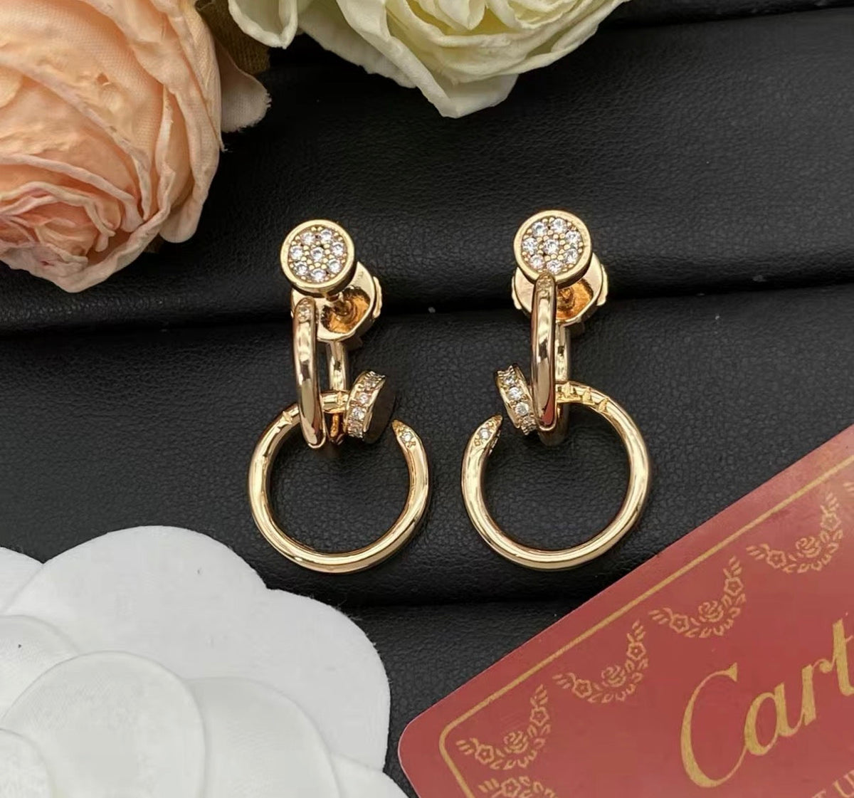 [Leaves]NAIL COLLECTION DIAMOND SET DOUBLE HOOP EARRINGS