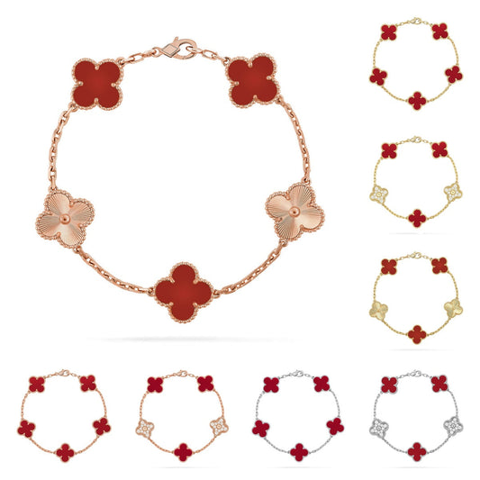 [Leaves]LUCKY CLOVER 5-MOTIF BRACELET - RED CARNELIAN COLLECTION