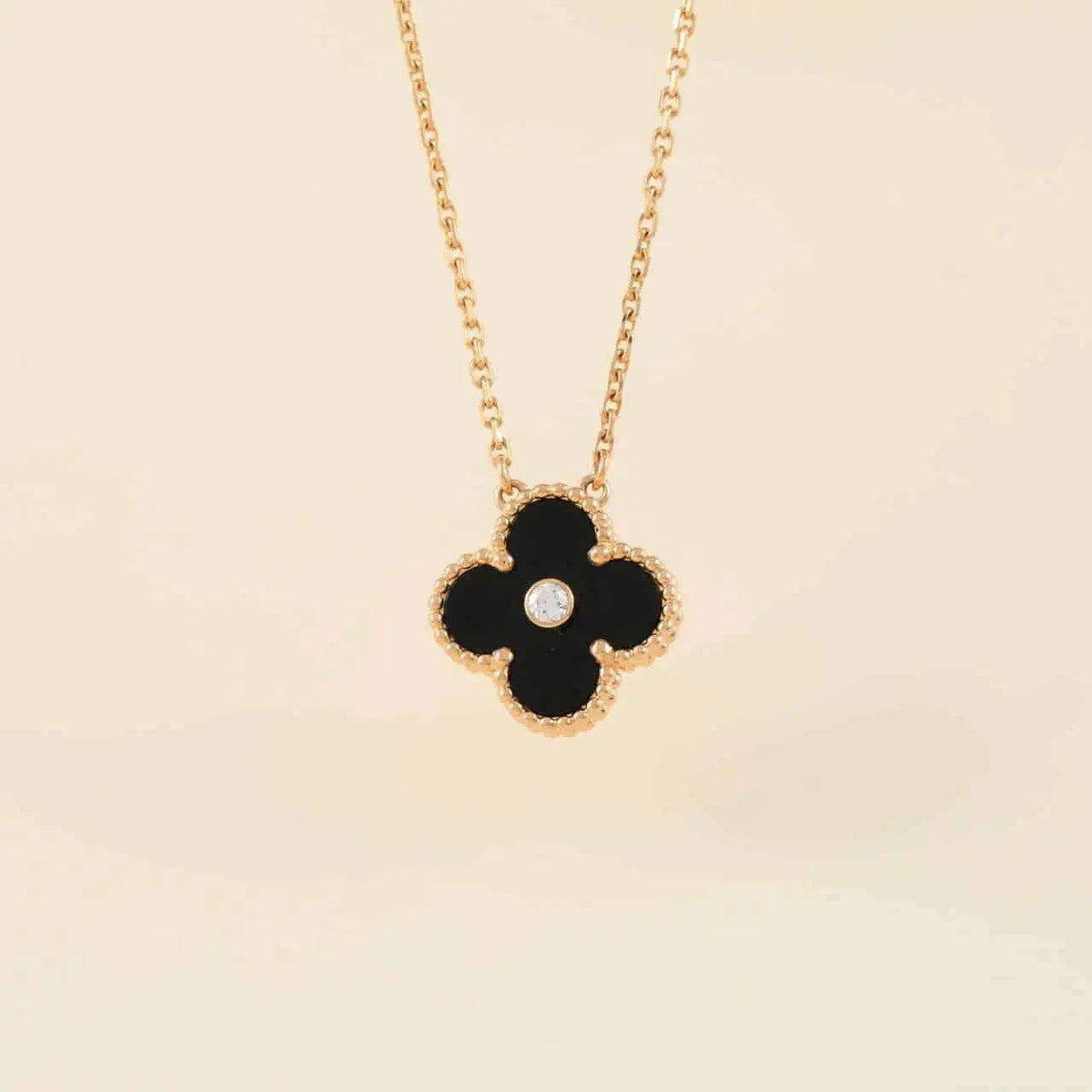 [Leaves]CLOVER 15MM DIAMOND ONYX NECKLACE