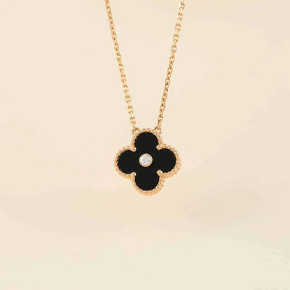 [Leaves]CLOVER 15MM DIAMOND ONYX NECKLACE