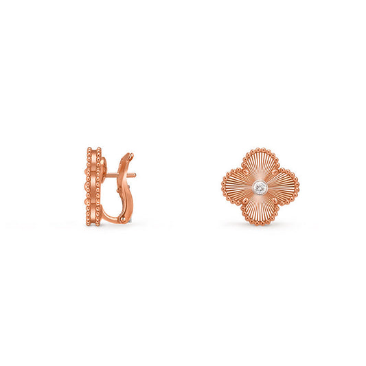 [Leaves]15MM CLOVER FLOWER STUD EARRINGS DIAMOND-ROSE GOLD COLLECTION