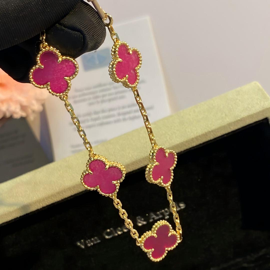 [Leaves]NEW CLOVER 5 MOTIFS PINK ENAMEL BRACELET