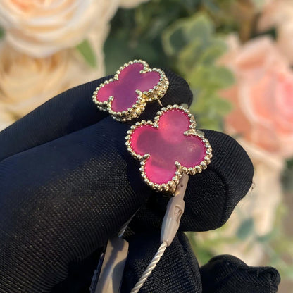 [Leaves]NEW CLOVER 15MM PINK ENAMEL STUD EARRINGS