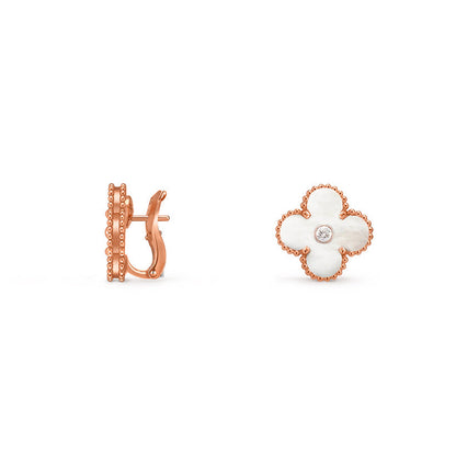 [Leaves]15MM CLOVER FLOWER STUD EARRINGS DIAMOND-ROSE GOLD COLLECTION