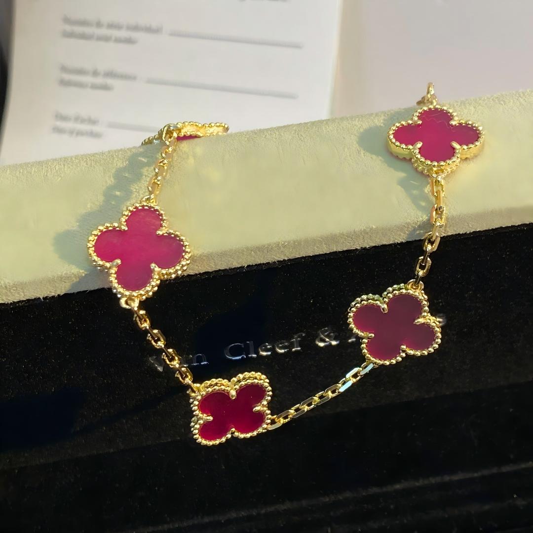 [Leaves]NEW CLOVER 5 MOTIFS PINK ENAMEL BRACELET
